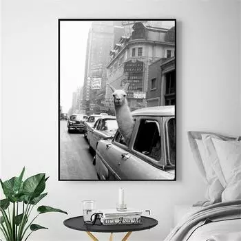 Лама в такси на Таймс-сквер, печать на холсте, современная живопись, постеры, настенные художественные картины для украшения гостиной, без рамки 21cm30cm NoFrame