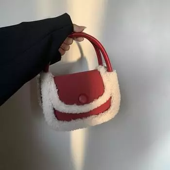 Lamb Fur Splicing Small Chute Bag for Women During The New Year Red Handheld Square Bag Versatile Ins Saddle Bag