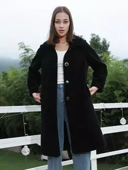 Бархатное женское пальто из искусственного меха ягненка, теплое и высококачественное пальто для осеннего и зимнего сезонов L чёрный
