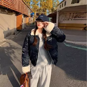 Lamb s wool lapel cotton jacket women s 2025 winter wear new retro short cotton jacket bread jacket student jacket M