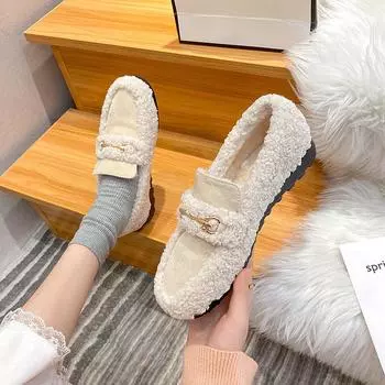Lamb wool beanie shoes women s autumn and winter velvet Internet celebrity thick-soled wool shoes one pedal flat-soled large-size women s shoes 41-43 34