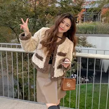 Lamb wool coat women s 2024 winter new short small fragrant wind fluff coat retro loose padded plush top S