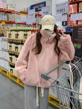 Lamb wool coat women s autumn and winter environmentally friendly gold mink fleece stand-up collar thickened loose imitation fur wool top S розовый