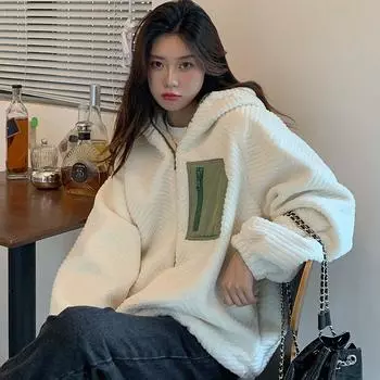 Lamb wool coat women s winter new hooded thickened wool granular fleece loose imitation fur sheep shearing coat S