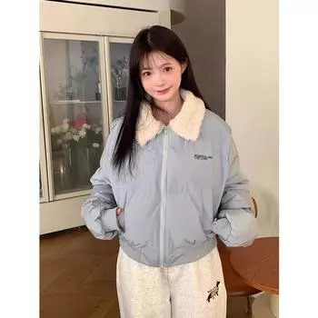 Lamb wool collar short cotton jacket women s winter 2024 new small bread jacket thickened warm cotton coat S светло-синий