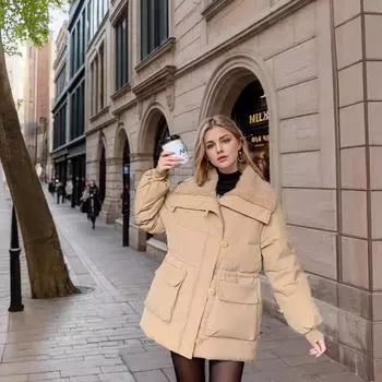 Lamb wool in 2024 thickened cotton-padded jacket women s Korean version loose down cotton-padded jacket bread jacket winter coat M [57.5 kg or less]