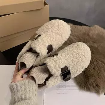 Lamb wool shoes women s winter wear 2025 new Korean version retro flat one-pedal bean shoes women s velvet cotton shoes 35