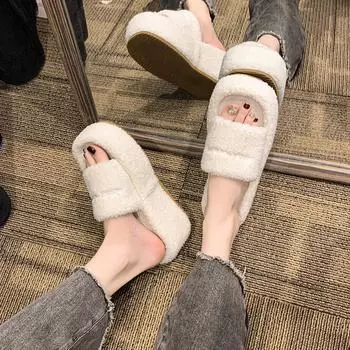 Lamb wool slippers wear women s ins tide 2025 new autumn and winter super high heel thick bottom heel one-word cotton mop 35 розовый