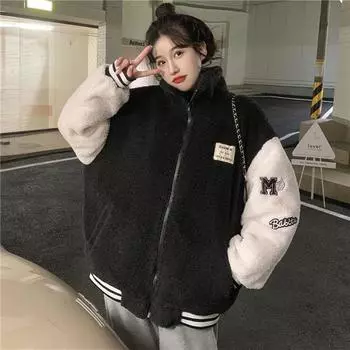 Lamb Wool Student Sweater Women s Baseball Jacket Autumn Winter Fashion Matching Fleece Jacket XL