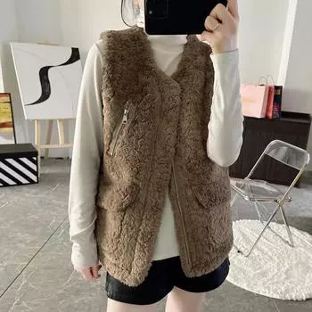 Жилет из овечьей шерсти, женская осенне-зимняя корейская версия свободного покроя, жилет, цельный меховой жилет, куртка из плюша XL бежевый