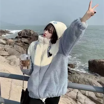 Женское пальто из овечьей шерсти 2024 года, новая свободная утолщенная хлопковая одежда для учеников средних и старших классов M синий