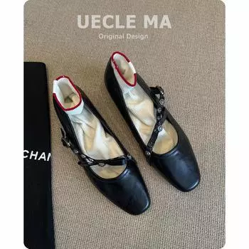 Lambskin~ Genuine leather single shoes women s flat bottom square head light mouth black shoes with skirt retro Mary Jane shoes 35
