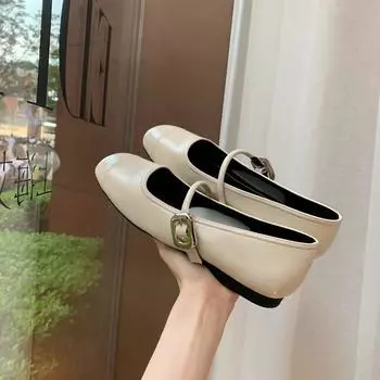 Lambskin super soft Mary Jane single shoes women s spring new fairy square buckle flat ballet shoes commuter ladyshoes 34