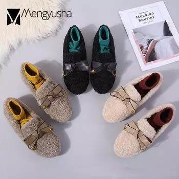 Lambswool Loafers woman pu butterfly-knot fluffy fur flats warm plush winter shoes for women cashmere moccasins 35-43 plus size 5 абрикосовый