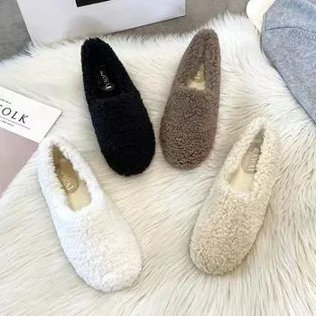 Lambwool Moccasins Femme Winter Cotton Shoes Women Warm Plush Loafers Comfy Curly Sheep Fur Flats Woman Large Size 40-43 33