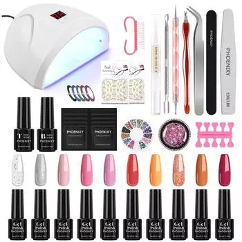 Лампа для ногтей PHOENIXY, 36 Вт, маникюрный набор для сушки ногтей с 10-цветным гель-лаком для ногтей, инструменты для дизайна ногтей и верхний базовый слой для замачивания, набор гель-лаков для ногтей set 01