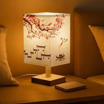 Лампа с деревянным основанием для ночи, спальни, гостиной, дома и декора - квадратные абажуры для гостиной со светом (Лампочка в комплекте)