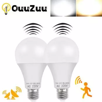 Лампада LED E27 радар с датчиком движения лампочка 5 Вт 7 Вт 9 Вт 12 Вт переменного тока 220 В инфракрасное обнаружение умная лампа, работающая в ночной темноте 5W белый