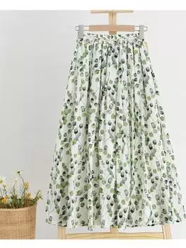 Lamtrip Ретро темно-зеленая тушь с рисунком листьев и принтом хлопчатобумажной юбки трапециевидной формы Saia для женщин, лето 2024 S зелёный