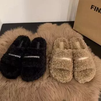 Lan Cabinet thick-soled sheep curly wool shoes women s shoes wear 2024 new autumn and winter home plush cotton slippers 35 коричневый