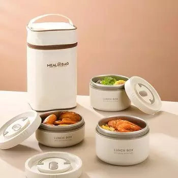 Ланч-бокс Bento из нержавеющей стали, термостойкие герметичные контейнеры для обеда, изолированный ящик для обеда с сумкой для обеда, набор посуды для взрослых и детей Beige white-A