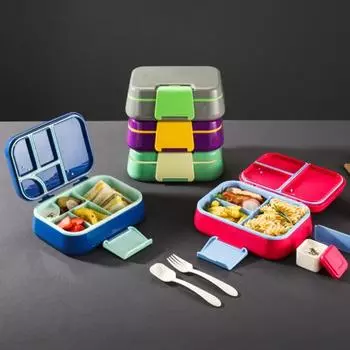Ланч-бокс Bento с чашкой для соуса, вилкой, ложкой, контейнером для ланча с 3 отделениями, не содержащим бисфенол-А, подходящими для детей контейнерами для закусок серый