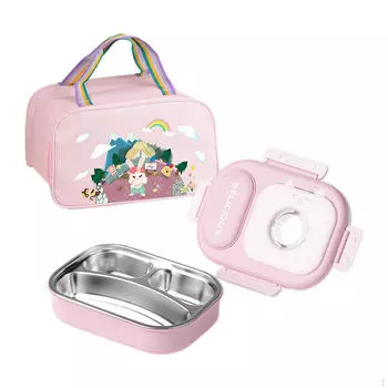 Ланч-бокс Bento с сумкой-тоутом, контейнер для еды, овощи для пикника вне дома Pink 3 Grid