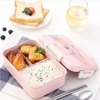 Ланч-бокс для микроволновки с ложкой, палочками для еды, столовой посудой из пшеничной соломы, контейнером для хранения еды для детей, школы, офиса, коробкой Bento