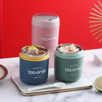 Ланч-бокс из нержавеющей стали, чашка для питья с ложкой, термос для еды, изолированный термос для супа, контейнер для завтрака синий