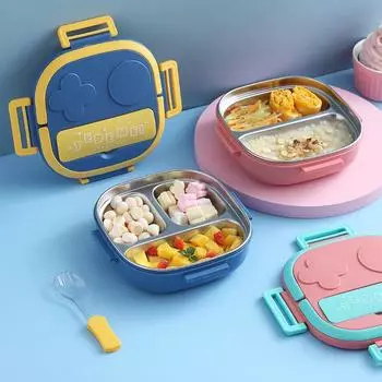 Ланч-бокс из нержавеющей стали, переносной контейнер для еды Bento Box с крышкой, 3 отделения, походная посуда для школы, офиса, кемпинга 3&550ml&1 синий