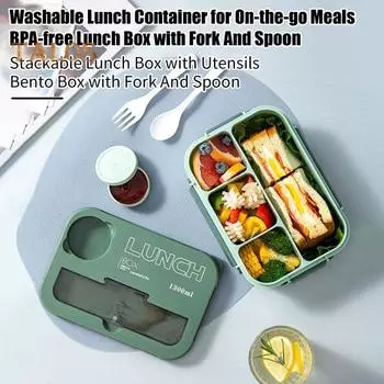 Ланч-бокс на 1300 мл с вилкой, ложкой, 4 отделениями, коробка для бенто, герметичный многоразовый контейнер для хранения продуктов питания, не содержащий бисфенола-А, для детей, студентов, офиса зелёный