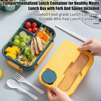 Ланч-бокс на 1300 мл с вилкой, ложкой, 4 отделениями, коробка для бенто, герметичный многоразовый контейнер для хранения продуктов питания, не содержащий бисфенола-А, для детей, студентов, офиса зелёный