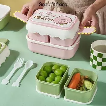 Ланч-бокс с 3 отделениями, двухслойный, с несколькими сетками, большая вместимость, штабелируемое хранение продуктов со столовыми приборами, мультяшный дизайн зелёный