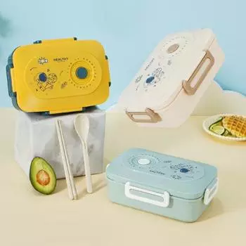 Ланч-бокс с мультяшным космонавтом, 1,2 л, с ложкой, палочками для еды, герметичной крышкой, с 3 отделениями, пищевой, микроволновой печью, герметичный, герметичный, для школьников, бенто, еда хаки