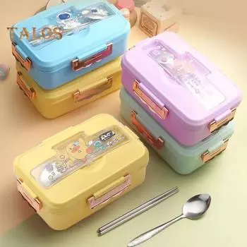 Ланч-бокс с отделениями, пищевой термостойкий, с палочками для еды и ложкой, хорошая герметичность, без запаха, мультяшный узор, школьный бенто для поездок на работу фиолетовый