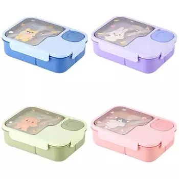 Ланч-бокс с рисунком из мультфильмов и животных для детей, отделения для бенто-боксов с вилкой и ложкой, студенческий контейнер для еды, коробка для пикника на открытом воздухе синий