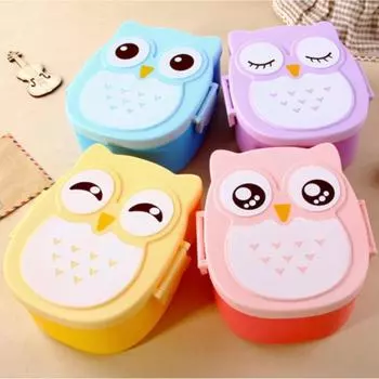 Ланч-бокс в виде совы, студенческие коробки для бэнто с ложками, бытовая изолированная обеденная емкость, герметичная пластиковая коробка для хранения свежей пищи синий