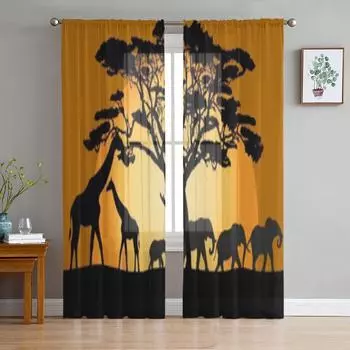 Landscape Animals Elephant Giraffe Tree Chiffon Sheer Curtains for Living Room Bedroom Window Curtain Voiles Tulle Cortinas 135W x 114H(cm)