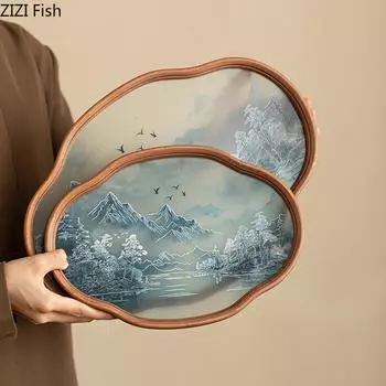 Пейзажный бамбуковый стеклянный поднос креативный чайный сервиз поднос для гостиной ключ фруктовый поднос для хранения ювелирных изделий украшение для дома хранение инструментов подарки