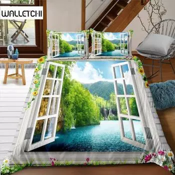 Landscape Duvet Cover Set Fake Window 3D Print Scenery Bedding Set Microfiber Landscape Waterfall Garden King Size Quilt Cover EU single(135x200cm)
