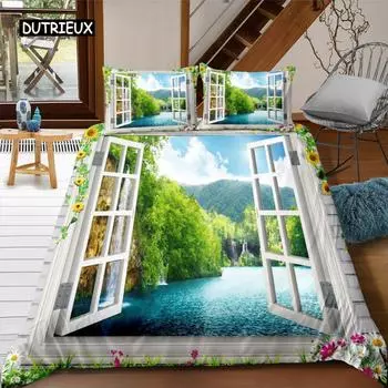 Landscape Duvet Cover Set Fake Window 3D Print Scenery Bedding Set Microfiber Landscape Waterfall Garden King Size Quilt Cover EU single(135x200cm)