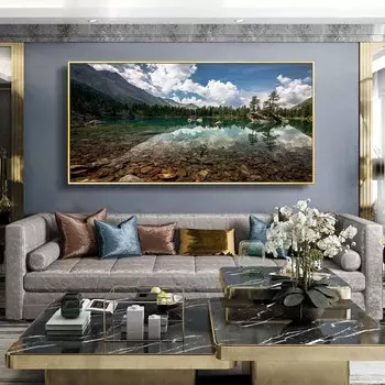 Пейзаж маслом горы чистое озеро река искусство холст картина гостиная коридор офис украшение дома фреска без рамки 20*40cm No Frame