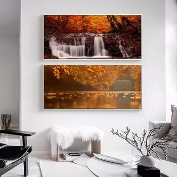Пейзаж маслом желтый кленовый лист водопад лес искусство холст картина гостиная коридор офис украшение дома фреска без рамки 20*40cm No Frame