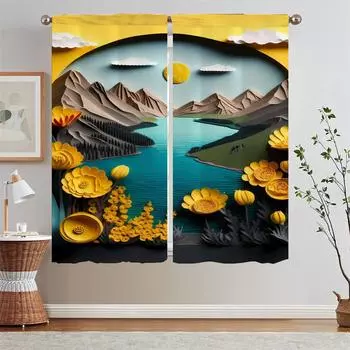 Ландшафтное искусство Шторы для ванной комнаты для гостиной Короткие оконные шторы Домашние шторы Подхваты для штор Дом и декор Затемнение W50xH70cmx2pcs-CL