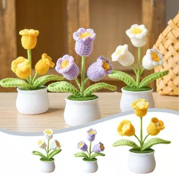 Ландыш ручной работы в горшке, связанный крючком, имитирующий растение бонсай фиолетовый