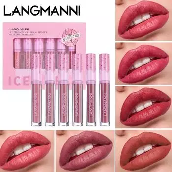 LANGMANNI Mist Matte Lip Gloss, 6 цветов, набор для установки, стойкий, не прилипает, бесцветный набор матовых глазурей для губ 6pcs