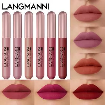 LANGMANNI New Matte Velvet Mist Gloss Lip Gloss Set 6 красных костюмов с глазурью для губ 6pcs