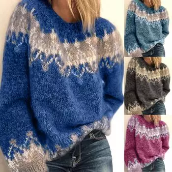 langren.Модный женский вязаный теплый свитер с круглым вырезом и длинным рукавом с леопардовым принтом в стиле пэчворк XXL чёрный