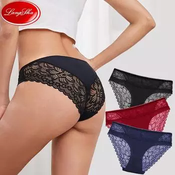 LANGSHA, 3 шт./лот, женские сексуальные кружевные трусики, бесшовное нижнее белье из ледяного шелка, трусы от M до XL