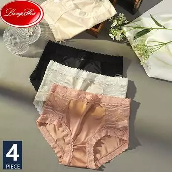 LANGSHA, 4 шт., бесшовные трусики со средней талией, женское шелковое нижнее белье, трусы для девочек, сексуальные кружевные женские трусы